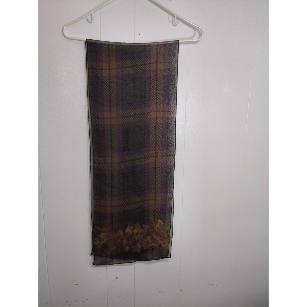 Talbots Dark Purple and Brown Plaid Autumn Floral Scarf